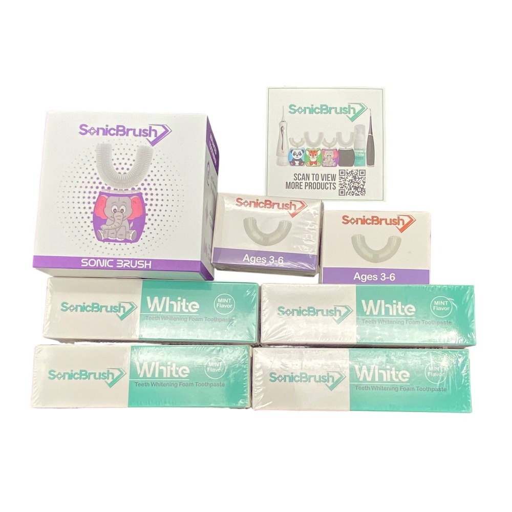 SonicBrush Kids U-Shaped Electric Toothbrush Set Purple Elephant Mint Foam 7pc